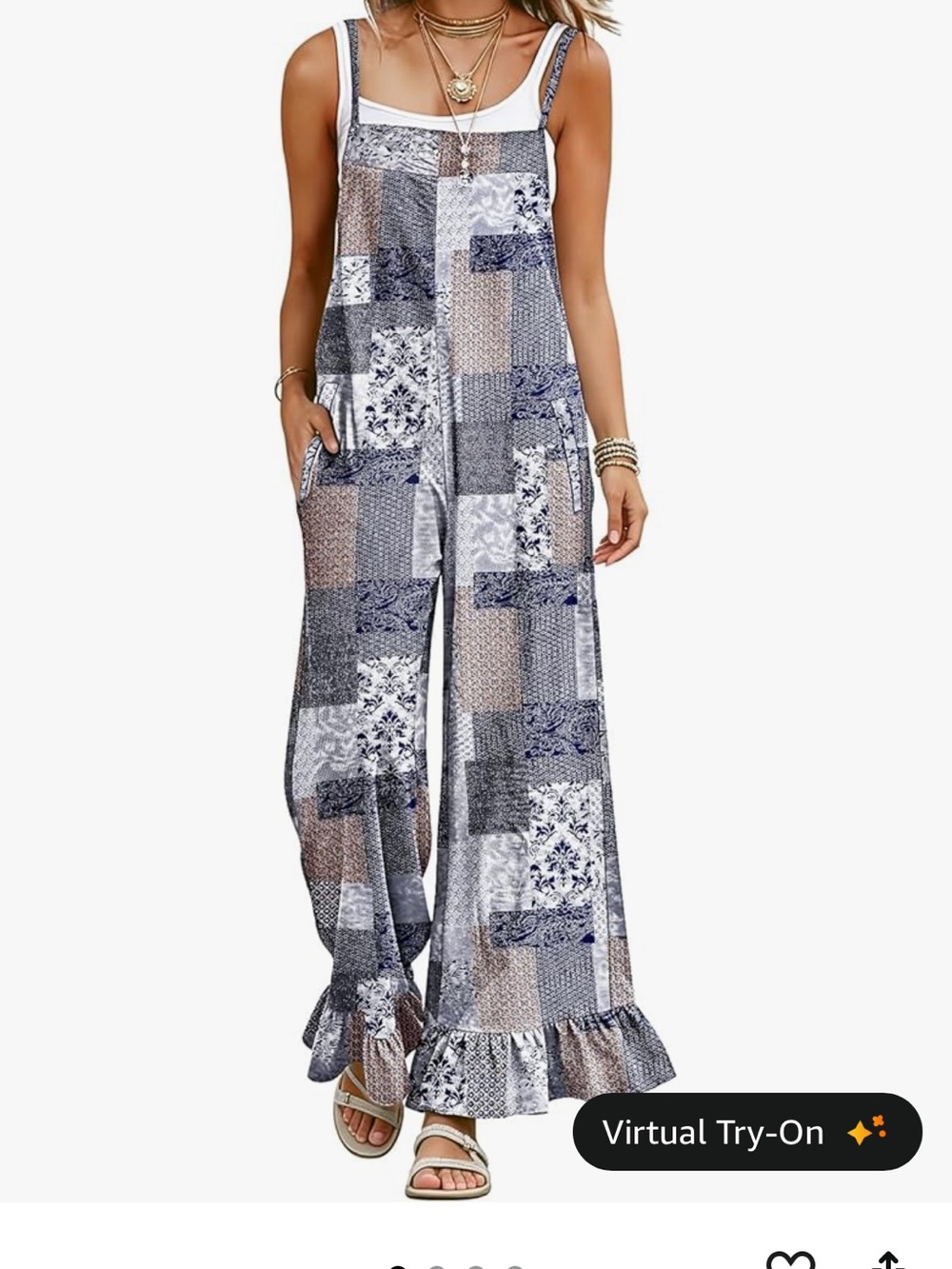 Patchwork Print Ruffle-Hem Wide-Leg Jumpsuit in Navy and Gray